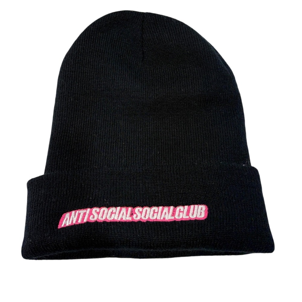 Anti Social Social Club Black Beanie Pink Logo YP Classics Knit Hat Streetwear